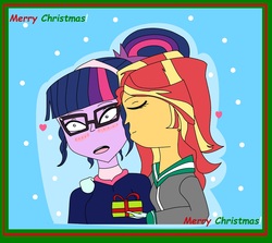 Size: 1257x1120 | Tagged: safe, artist:miraculouslover21, sci-twi, sunset shimmer, twilight sparkle, equestria girls, g4, cheek kiss, christmas, christmas gift, cute, eyes closed, female, heart, holiday, kissing, lesbian, present, ship:sci-twishimmer, ship:sunsetsparkle, shipping, snow, surprise kiss, surprised, twiabetes