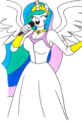 Size: 1644x2469 | Tagged: safe, artist:killerteddybear94, derpibooru exclusive, princess celestia, alicorn, anthro, g4, armpits, big breasts, breasts, busty princess celestia, clothes, cropped, crown, dress, eyes closed, female, jewelry, microphone, open mouth, regalia, singing, smiling, solo, spread wings, traditional art, wings