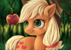 Size: 1800x1273 | Tagged: safe, artist:wourdeluck, applejack, earth pony, pony, g4, apple, female, leaf, mare, obligatory apple, smiling, solo, tree