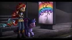 Size: 9600x5400 | Tagged: safe, artist:imafutureguitarhero, lyra heartstrings, sci-twi, sunset shimmer, twilight sparkle, alicorn, unicorn, anthro, unguligrade anthro, equestria girls, g4, 3d, :^), absurd resolution, adidas, advertisement gag, bench, black bars, boots, bus stop, chromatic aberration, clothes, crossed arms, dress, drool, drool string, ear piercing, earring, female, film grain, hill, hoodie, horn, jacket, jewelry, lesbian, letterboxing, night, particles, path, piercing, ponytail, road, ship:sunsetsparkle, shipping, shoes, signature, sleeping, source filmmaker, tracksuit, wall of tags, wallpaper, watch, windswept mane, windswept tail, wings