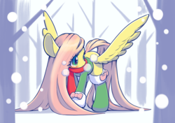 Size: 1419x1000 | Tagged: safe, artist:unousaya, fluttershy, pegasus, pony, g4, blushing, boots, bow, clothes, coat, cute, female, long mane, long tail, mare, precious, scarf, shoes, shyabetes, snow, snowfall, solo