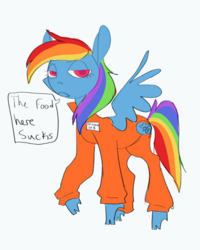 Size: 500x625 | Tagged: safe, artist:thebirbdraws, rainbow dash, pony, clothes, prison outfit, prisoner, prisoner rd, solo