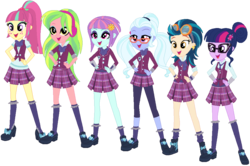 Size: 997x662 | Tagged: safe, artist:ra1nb0wk1tty, indigo zap, lemon zest, sci-twi, sour sweet, sugarcoat, sunny flare, twilight sparkle, equestria girls, g4, boots, clothes, crystal prep academy uniform, crystal prep shadowbolts, ear piercing, earring, female, glasses, goggles, hand on hip, headphones, jewelry, leggings, piercing, school uniform, shadow six, shoes, simple background, skirt, socks, transparent background