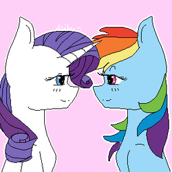 Size: 300x300 | Tagged: safe, artist:loveme321, rainbow dash, rarity, pegasus, pony, unicorn, g4, eye contact, female, lesbian, looking at each other, mare, pink background, ship:raridash, shipping, simple background