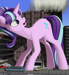 Size: 1920x2108 | Tagged: safe, artist:styroponyworks, starlight glimmer, human, pony, unicorn, g4, 3d, anatomically incorrect, blender, bus, car, city, dock, fire, giant pony, giant starlight glimmer, incorrect leg anatomy, macro, mega glimmer, mixed media, open mouth, rescue, vehicle