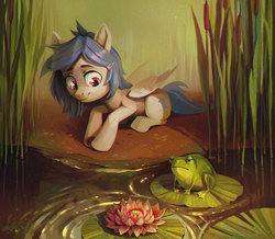 Size: 1280x1117 | Tagged: safe, artist:dearmary, oc, oc only, frog, pegasus, pony, frown, looking at someone, pond, smiling, solo, unamused