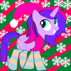 Size: 768x768 | Tagged: safe, artist:wonderschwifty, oc, oc only, oc:wonder sparkle, pony, christmas, clothes, eyestrain warning, hat, holiday, needs more saturation, santa hat, socks, solo, striped socks, sweater