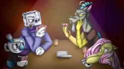 Size: 2095x1174 | Tagged: safe, artist:ggchristian, discord, fluttershy, pony, g4, crossover, cuphead, dice, king dice, mugman, poker