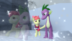 Size: 2000x1125 | Tagged: safe, artist:johnnyxluna, apple bloom, spike, dragon, g4, 3d, adult, applebloom x spike, castle, female, filly, male, older, older apple bloom, older spike, ship:spikebloom, shipping, size difference, snow, spiloom, straight, winter, winter landscape