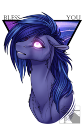 Size: 800x1200 | Tagged: safe, artist:dementra369, oc, oc only, pony, bust, cheek fluff, chest fluff, floppy ears, glowing eyes, looking up, portrait, simple background, solo, transparent background, ych result