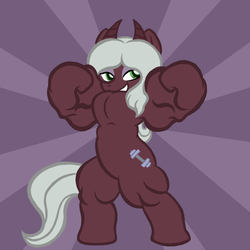 Size: 500x500 | Tagged: safe, artist:ranjipantera, oc, oc only, oc:pachua, pony, bipedal, female, flexing, horns, mare, muscles, non-mlp character, non-mlp oc, simple background, sunburst background
