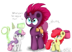 Size: 3652x2609 | Tagged: safe, artist:bronybehindthedoor, apple bloom, scootaloo, sweetie belle, tempest shadow, earth pony, pegasus, pony, unicorn, g4, my little pony: the movie, broken horn, cutie mark, cutie mark crusaders, dialogue, eye scar, glowing horn, hat, high res, horn, magic, party hat, pillow, rope, scar, telekinesis, the cmc's cutie marks