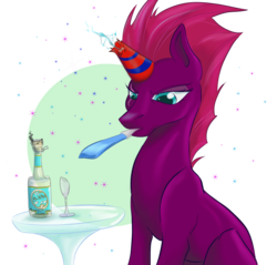 Size: 4400x4209 | Tagged: safe, artist:firimil, fizzlepop berrytwist, tempest shadow, pony, unicorn, g4, my little pony: the movie, absurd resolution, alcohol, blank flank, champagne, eye scar, female, glass, hat, magic, mare, party hat, party horn, scar, simple background, table, transparent background, wine