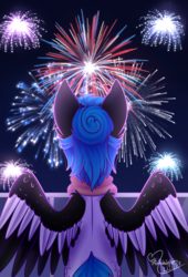 Size: 1493x2200 | Tagged: safe, artist:honeybbear, oc, oc only, oc:beatz, pegasus, pony, colored wings, female, fireworks, mare, multicolored wings, solo