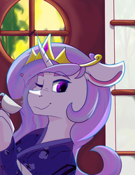 Size: 2975x3850 | Tagged: safe, artist:lula-moonarts, princess celestia, alicorn, pony, g4, bust, clothes, cup, curved horn, door, female, floppy ears, high res, horn, kimono (clothing), looking at you, mare, one eye closed, sky, solo, teacup, wink