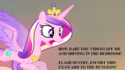 Size: 800x450 | Tagged: safe, edit, edited screencap, screencap, princess cadance, alicorn, pony, three's a crowd, angry, female, fired, implied arrest, implied flash sentry, implied good clean married sex, implied royal guard, implied sex, implied shining armor, implied shiningcadance, implied shipping, implied straight, implied voyeurism, mare, so many implications