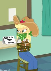 Size: 755x1057 | Tagged: safe, artist:robukun, applejack, equestria girls, g4, belt, bondage, bound and gagged, cloth gag, clothes, cowboy hat, cowgirl, female, gag, hat, jeans, milestone, pants, rope, scarf, scarf gag, solo, stetson, tied to chair, tied up, vest