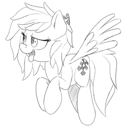 Size: 2140x2163 | Tagged: safe, artist:felsette, oc, oc only, oc:quick trip, pegasus, pony, female, flying, high res, lidded eyes, monochrome, simple background, solo, tongue out, white background