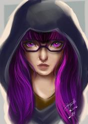 Size: 500x708 | Tagged: safe, artist:bunsogen, twilight sparkle, human, g4, clothes, female, glasses, hoodie, humanized, looking at you, signature, solo
