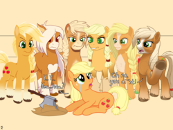 Size: 1280x960 | Tagged: safe, artist:mkogwheel, applejack, earth pony, pony, g4, 12/16/17, aged like milk, applejack (g5 concept leak), applejack's hat's death, axe, braid, bucktooth, chest fluff, crying, drama, floppy ears, frown, g5 applejack drama, g5 concept leak style, g5 concept leaks, g5 drama, glare, gritted teeth, multeity, open mouth, prone, racism in the comments, self ponidox, simple background, style emulation, underhoof, unshorn fetlocks, waving, weapon, yeehaw, yellow background