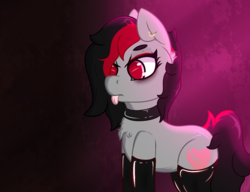 Size: 1300x1000 | Tagged: safe, artist:lazerblues, oc, oc only, oc:miss eri, bags under eyes, black and red mane, choker, clothes, collar, ear piercing, latex, latex socks, mlem, piercing, silly, socks, solo, tongue out, two toned mane