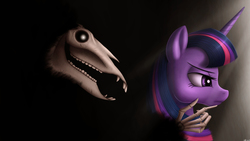 Size: 2880x1630 | Tagged: safe, artist:jeki, twilight sparkle, pony, g4, grim reaper, open mouth, skull