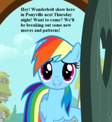 Size: 512x560 | Tagged: safe, edit, edited screencap, editor:korora, screencap, rainbow dash, pegasus, pony, g4, party of one, bronybait, cropped, door, female, implied wonderbolts, invitation, looking at you, mare, solo