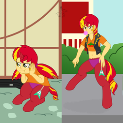 Size: 1500x1500 | Tagged: safe, artist:oneovertwo, oc, oc only, oc:evenfall, satyr, age progression, bubblegum, clothes, female, food, gum, midriff, offspring, panties, parent:sunset shimmer, pointing, solo, underwear