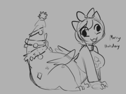 Size: 1024x768 | Tagged: safe, artist:mt, oc, oc only, oc:snap, satyr, christmas, christmas tree, clothes, female, holiday, monochrome, offspring, parent:crackle, solo, sweater, tree
