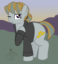 Size: 1044x1136 | Tagged: safe, artist:oneovertwo, oc, oc only, oc:sedimentary rock, earth pony, pony, clothes, female, mare, offspring, one eye closed, parent:marble pie, ponified, ponified satyr, satyr general, solo, species swap