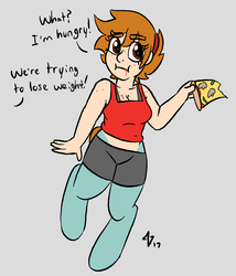 Size: 1273x1484 | Tagged: safe, artist:heretichesh, oc, oc only, oc:trimmings, satyr, clothes, compression shorts, exercise, female, food, messy eating, offscreen character, offspring, parent:snips, pizza, solo