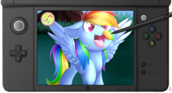 Size: 1427x774 | Tagged: safe, artist:scarlet-spectrum, rainbow dash, pegasus, pony, g4, 3ds, cute, dashabetes, eating, eye clipping through hair, feeding, female, heart, mare, new 3ds, nintendo ds, open mouth, pokemon refresh, pokémon, pokémon sun and moon, rainbow bean, raised hoof, solo, spread wings, stylus, tongue out, uvula, wings