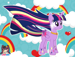 Size: 795x599 | Tagged: safe, artist:user15432, twilight sparkle, alicorn, pony, g4, cloud, colored wings, hasbro, hasbro studios, heart, jewelry, multicolored wings, necklace, rainbow, rainbow hair, rainbow power, rainbow power-ified, rainbow tail, rainbow wings, rainbows, solo, sparkles, starsue, twilight sparkle (alicorn)