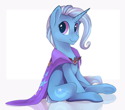 Size: 1366x1200 | Tagged: safe, artist:kebchach, trixie, pony, unicorn, g4, alicorn amulet, cape, cute, diatrixes, female, mare, simple background, sitting, smiling, solo, trixie's cape, underhoof, white background