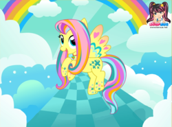 Size: 773x571 | Tagged: safe, artist:user15432, fluttershy, pegasus, pony, g4, cloud, colored wings, hasbro, hasbro studios, jewelry, multicolored wings, necklace, rainbow, rainbow hair, rainbow power, rainbow power-ified, rainbow tail, rainbow wings, solo, starsue