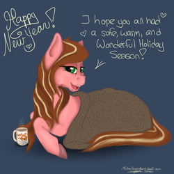 Size: 900x900 | Tagged: safe, artist:littlewolfstudios, oc, oc only, oc:mistress foxxie hearts, earth pony, pony, blanket, blog, coffee, cute, domme, female, happy new year, holiday, lying down, mare, mug, prone, solo, turned head