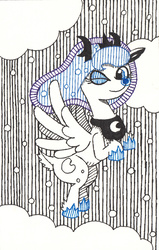 Size: 1270x1992 | Tagged: safe, artist:eternaljonathan, princess luna, deer, deer pony, original species, reindeer, g4, deerified, female, flying, ink, jewelry, one eye closed, solo, species swap, wink