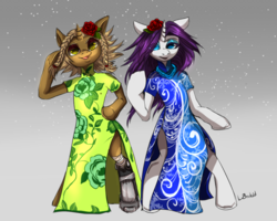 Size: 800x641 | Tagged: safe, artist:php154, artist:trojan-pony, rarity, oc, oc:tink, unicorn, semi-anthro, g4, amputee, bipedal, braid, cheongsam, clothes, duo, female, flower, flower in hair, mare, pose, prosthetic limb, prosthetics, sapphire eye rarity