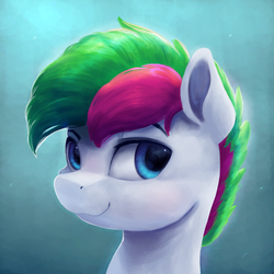 Size: 2700x2700 | Tagged: safe, artist:vanillaghosties, oc, oc only, oc:neon streak, pony, bust, high res, looking at you, male, portrait, smiling, solo, stallion