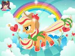 Size: 795x599 | Tagged: safe, artist:user15432, applejack, earth pony, pony, g4, cloud, hasbro, hasbro studios, hat, heart, rainbow, rainbow hair, rainbow power, rainbow power-ified, rainbow tail, solo, starsue