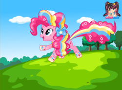 Size: 773x572 | Tagged: safe, artist:user15432, pinkie pie, earth pony, pony, g4, bow, hair bow, hasbro, hasbro studios, jewelry, necklace, rainbow hair, rainbow power, rainbow power-ified, rainbow tail, solo, starsue