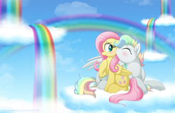 Size: 1400x908 | Tagged: safe, artist:littlehybridshila, fluttershy, oc, pegasus, pony, g4, canon x oc, cheek kiss, cloud, female, kissing, male, not rainbow dash, rainbow hair, rainbow waterfall, rainbows, shipping, straight