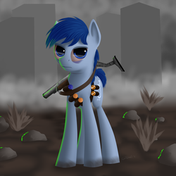Size: 1600x1600 | Tagged: safe, artist:titan2955, oc, oc only, oc:p-21, earth pony, pony, fallout equestria, fallout equestria: project horizons, city, gun, male, persuasion (p-21's rifle), solo, stallion, wasteland, weapon