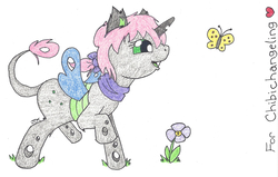 Size: 1550x984 | Tagged: safe, artist:jamestkelley, oc, oc only, oc:oculus, butterfly, changeling, flower, green changeling, pink hair, solo, traditional art
