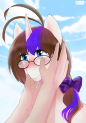Size: 3496x4961 | Tagged: safe, artist:ruku, oc, oc only, oc:crystal lens, human, pony, unicorn, bow, bust, cloud, female, glasses, hand, holding head, mare, sky, two toned mane, ych result