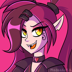Size: 900x900 | Tagged: dead source, safe, artist:wubcakeva, oc, oc only, oc:scarlett, succubus, equestria girls, g4, clothes, elf ears, fangs, female, slit pupils, smiling, solo