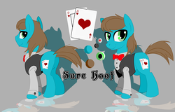 Size: 2650x1700 | Tagged: safe, artist:elmutanto, oc, oc only, oc:sure hoof, earth pony, pony, bowtie, clothes, earth pony oc, male, playing card, reference sheet, shadow, story included, suit
