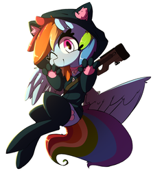 Size: 1984x2222 | Tagged: safe, artist:luxaestas, rainbow dash, pegasus, pony, g4, clothes, collar, cute, dashabetes, female, gun, hoodie, looking at you, mare, paw prints, simple background, solo, weapon, white background