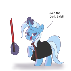 Size: 3000x3000 | Tagged: safe, artist:imacartoonist, trixie, pony, unicorn, g4, cape, clothes, female, glowing horn, high res, horn, lightsaber, magic, mare, raised hoof, simple background, solo, speech, star wars, telekinesis, weapon, white background