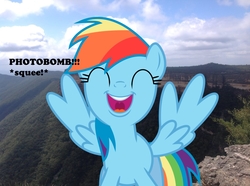 Size: 1024x763 | Tagged: safe, artist:didgereethebrony, rainbow dash, pegasus, pony, g4, ^^, didgeree collection, eyes closed, irl, kanangra boyd national park, mlp in australia, photo, photobomb, ponies in real life, solo, squee